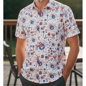 Buc-ees Mens LG Button Shirt USA 250th Birthday 4th of July Flag Fireworks NWT